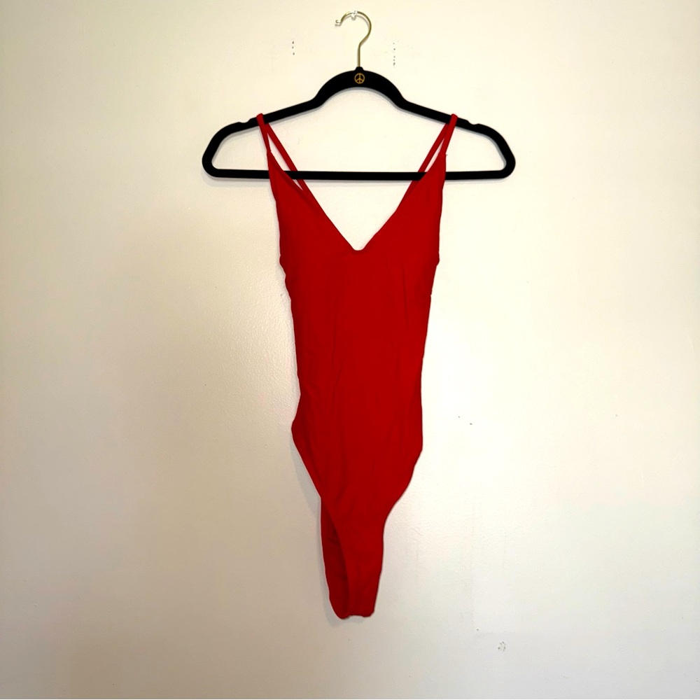 Bold Red One-Piece Swimsuit with V-Neck and Spaghetti Straps